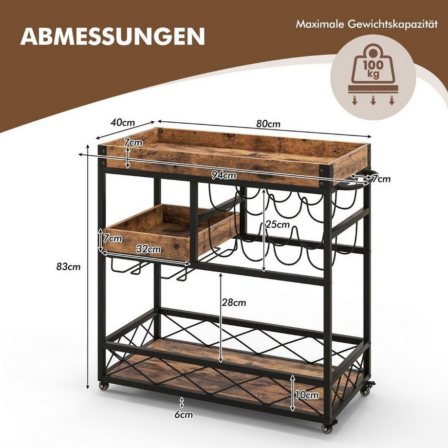 B2X Carrello di Servizio Carrello Bar a 3 Ripiani con Vassoio Rimovibile 80 x 40 x 83 cm Marrone Rustico  
