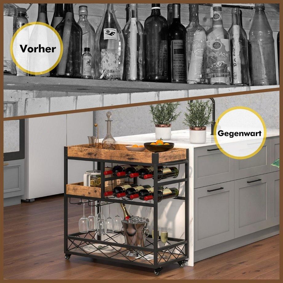 B2X Carrello di Servizio Carrello Bar a 3 Ripiani con Vassoio Rimovibile 80 x 40 x 83 cm Marrone Rustico  