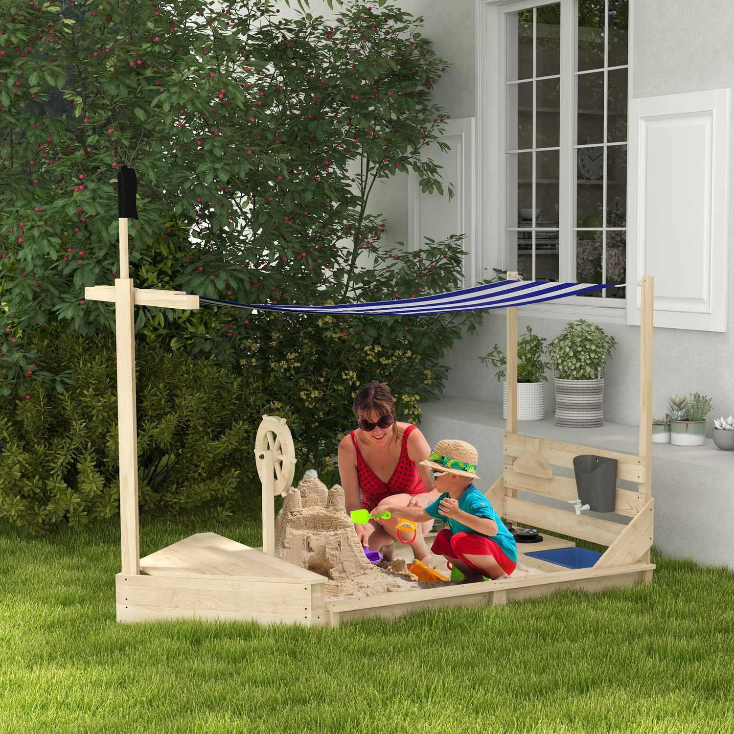 Northio  Sandkasten Groß Mit Abdeckung Schiff Design Sandbox, Holz, Küchenspielset, Für Kinder 3-7 Jahre, 180X103X144,5Cm 