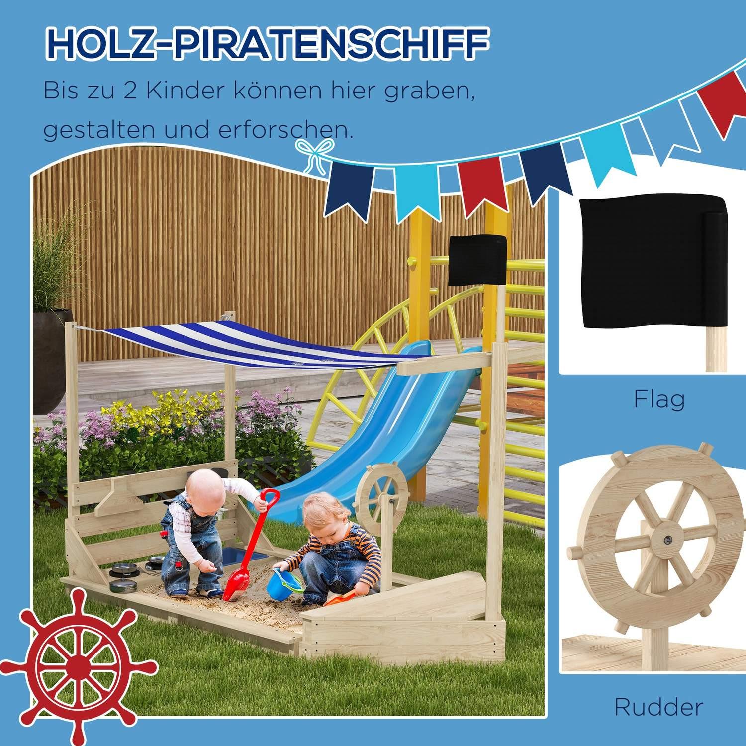 Northio  Sandkasten Groß Mit Abdeckung Schiff Design Sandbox, Holz, Küchenspielset, Für Kinder 3-7 Jahre, 180X103X144,5Cm 
