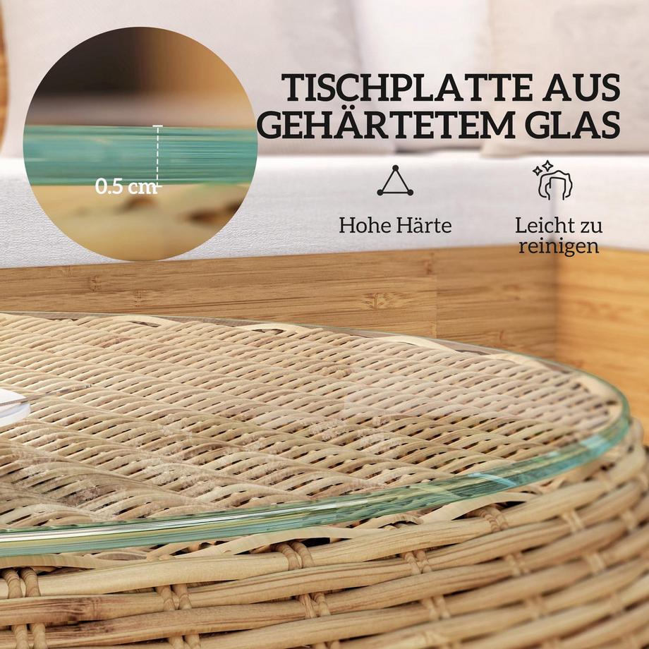 Northio Beistelltisch aus Polyrattan runder Kaffeetisch Couchtisch mit Glas Tischplatte Balkontisch Gartentisch Sofatisch Teetisch Rattantisch für Garten Terrasse Balkon, Ø75 x 42 cm Braun Aosom  