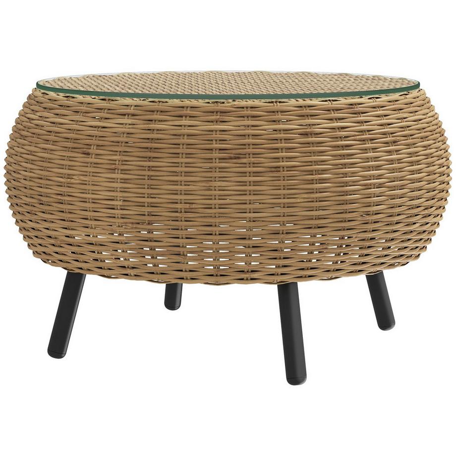 Beistelltisch aus Polyrattan runder Kaffeetisch Couchtisch mit Glas Tischplatte Balkontisch Gartentisch Sofatisch Teetisch Rattantisch für Garten Terrasse Balkon, Ø75 x 42 cm Braun Aosom