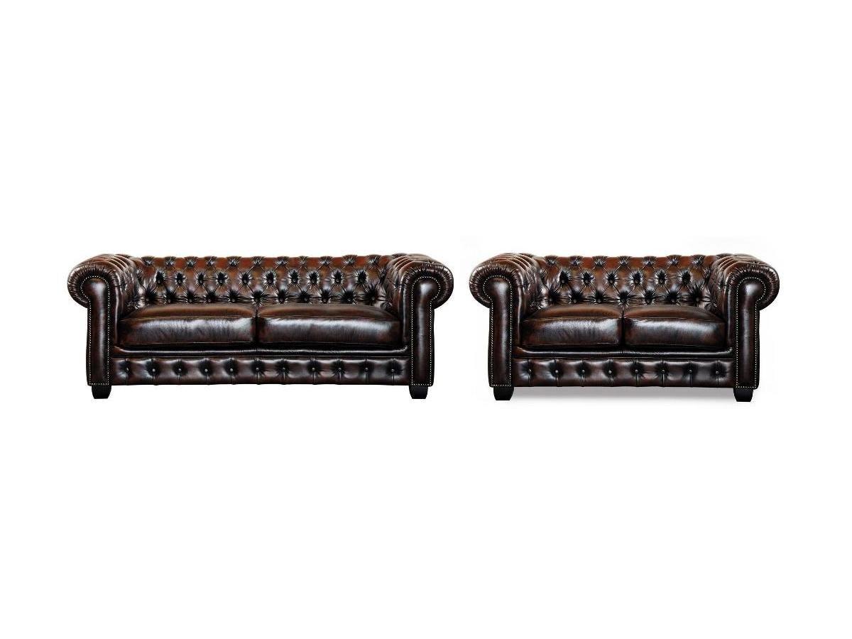 LINEA SOFA Canapé chesterfield 3+2 places BRENTON 100% cuir de buffle reflets châtains  