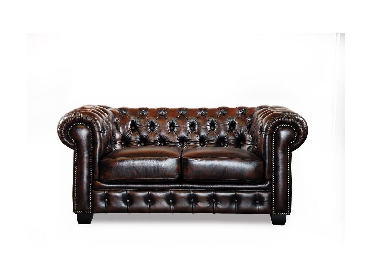 LINEA SOFA Canapé chesterfield 3+2 places BRENTON 100% cuir de buffle reflets châtains  