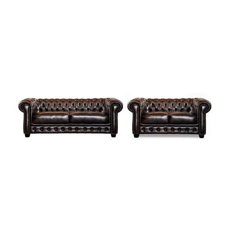 LINEA SOFA Canapé chesterfield 3+2 places BRENTON 100% cuir de buffle reflets châtains  