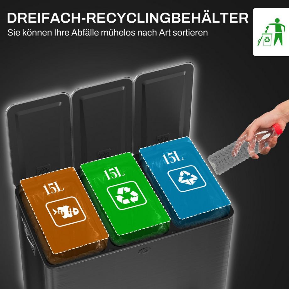 Northio Mülleimer 3 x 15L Treteimer mit Deckel und Fußpedal, Edelstahl Abfalleimer mit Inneneimer für Wohnzimmer & Büro 61,9 x 36,6 x 43,2 cm  