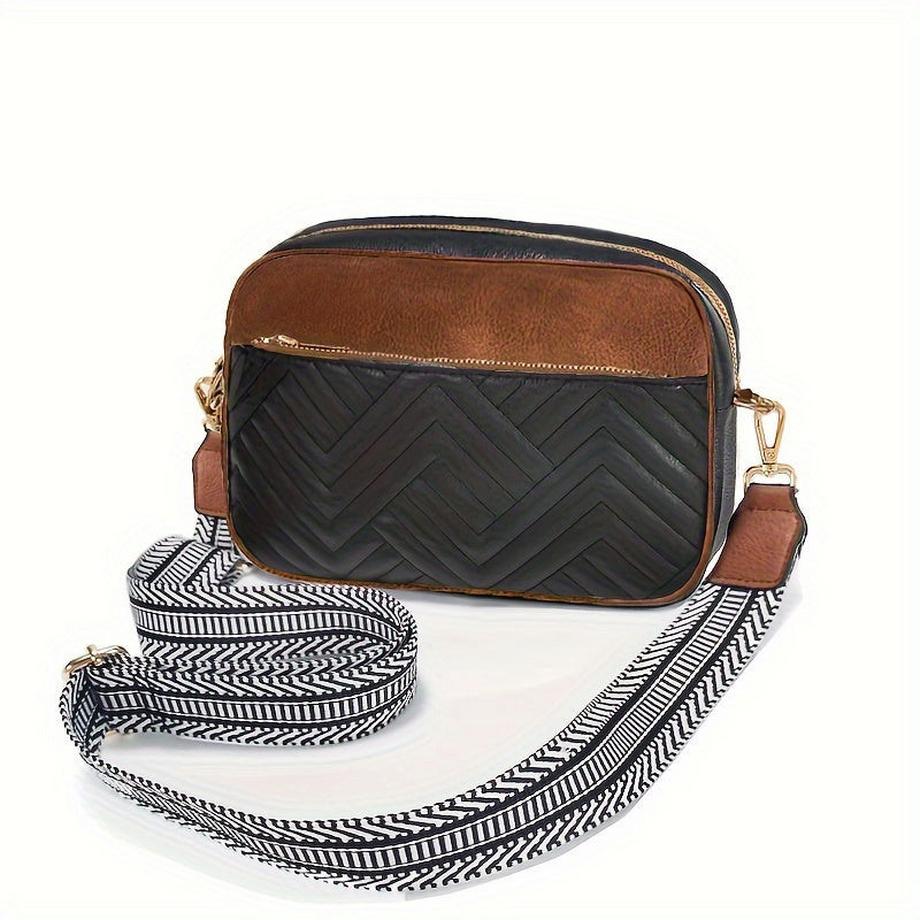 Einfache Colorblock Mini Square Zipper Umhängetasche, gesteppte Detail Umhängetasche mit breitem Riemen