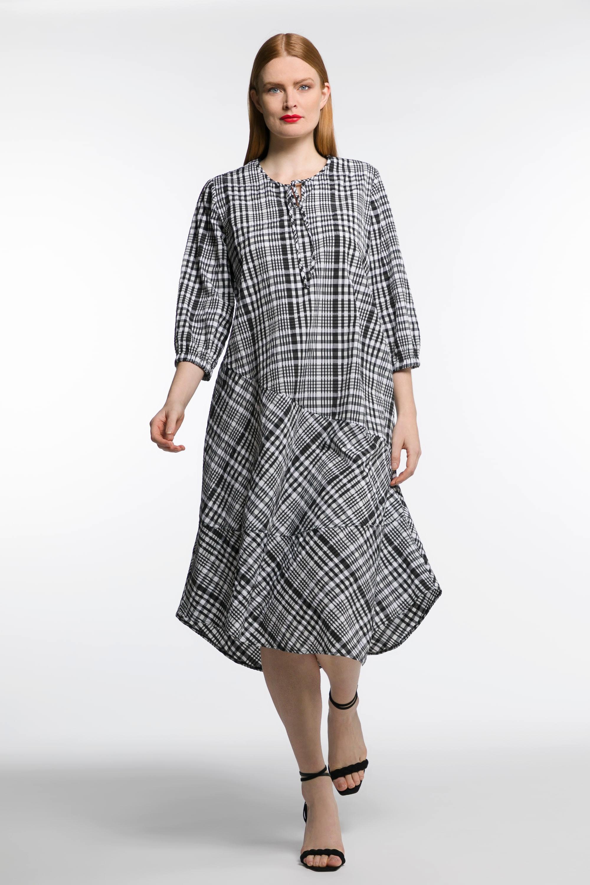 Ulla Popken  Robe midi, seersucher, ligne A, carreaux, col rond 