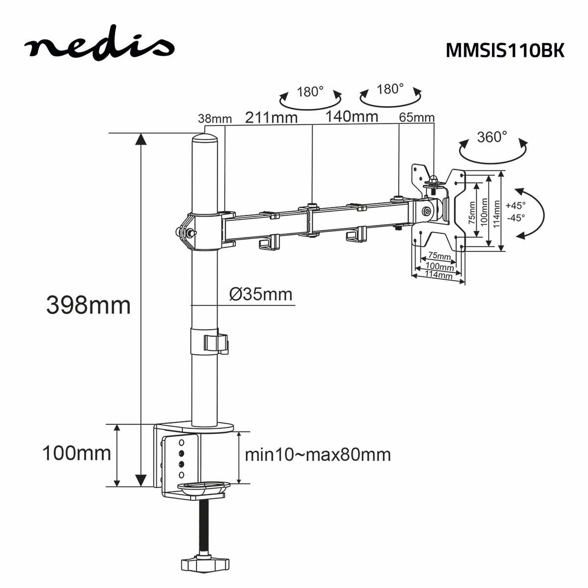 Nedis Support d'écran | 1 écran(s) | 15 - 32 " | 75x75 / 100x100 | Entièrement réglable  