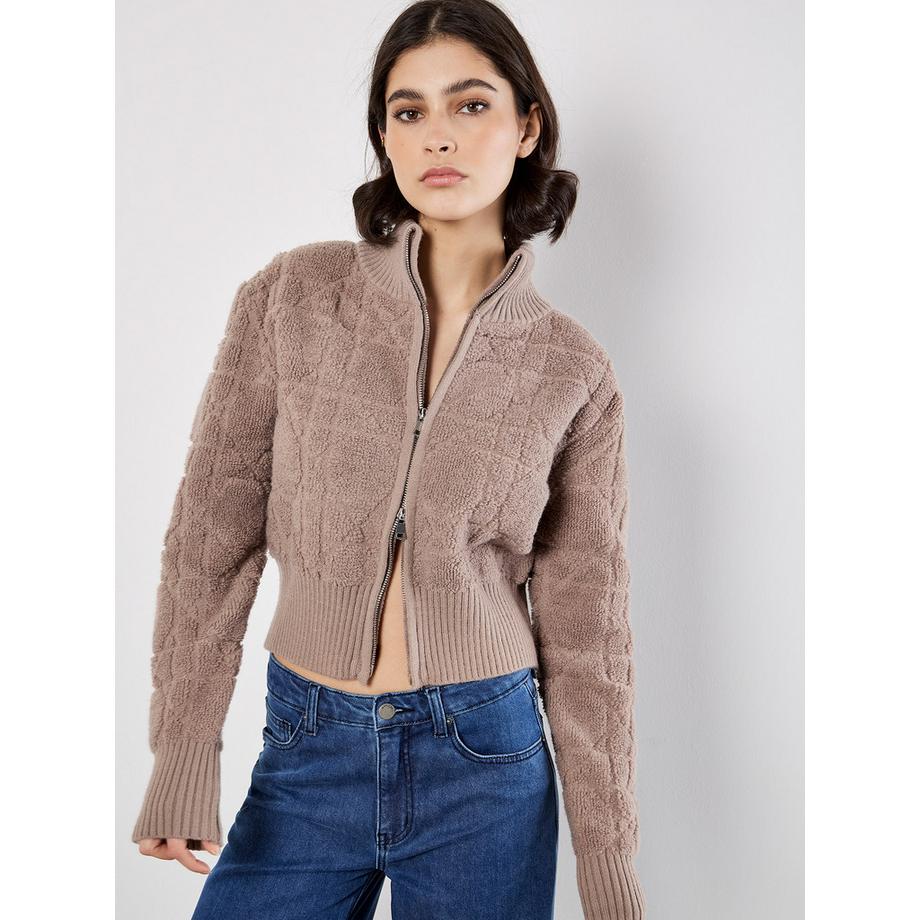 Bouclé-Strick-Cardigan mit Reißverschluss und verkürztem Schnitt