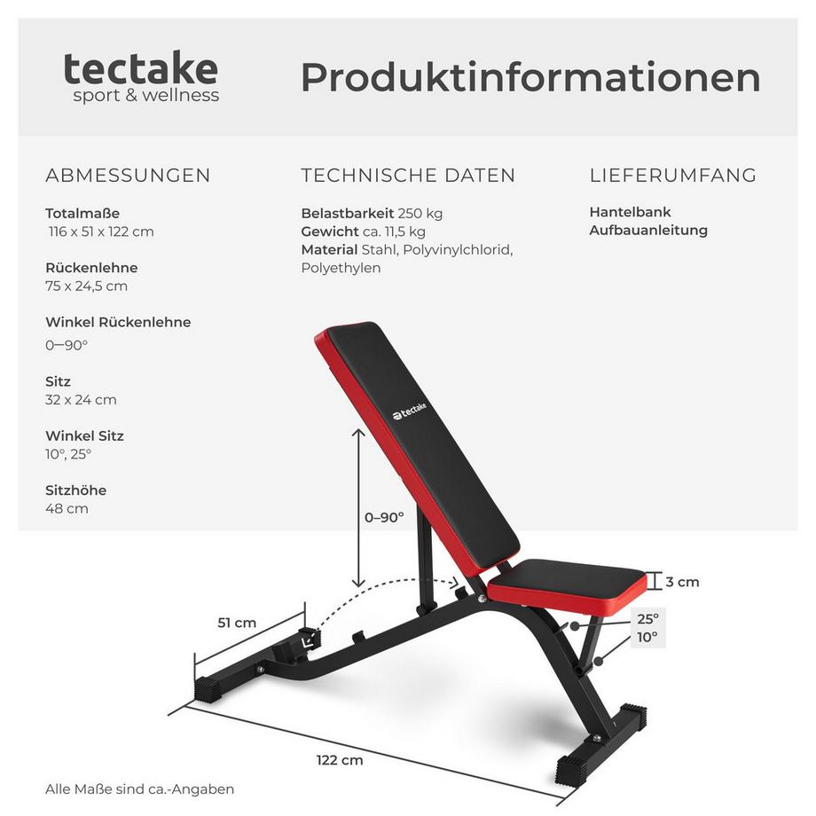 Tectake  Hantelbank  mit Schnellverstellung Rückenlehne 4-fach verstellbar 