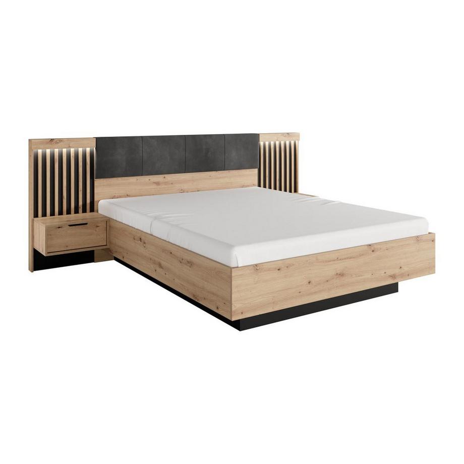 Vente-unique Ensemble lit avec chevets 160 x 200 cm + Sommier + Matelas + Commode + Armoire - Coloris : Naturel et noir - ARIADA  