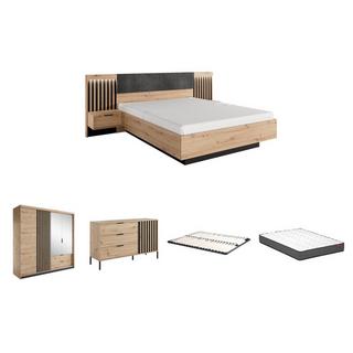 Vente-unique Set letto con comodini 160 x 200 cm + Rete a doghe + Materasso + Comò Armadio Naturale e Nero - ARIADA  