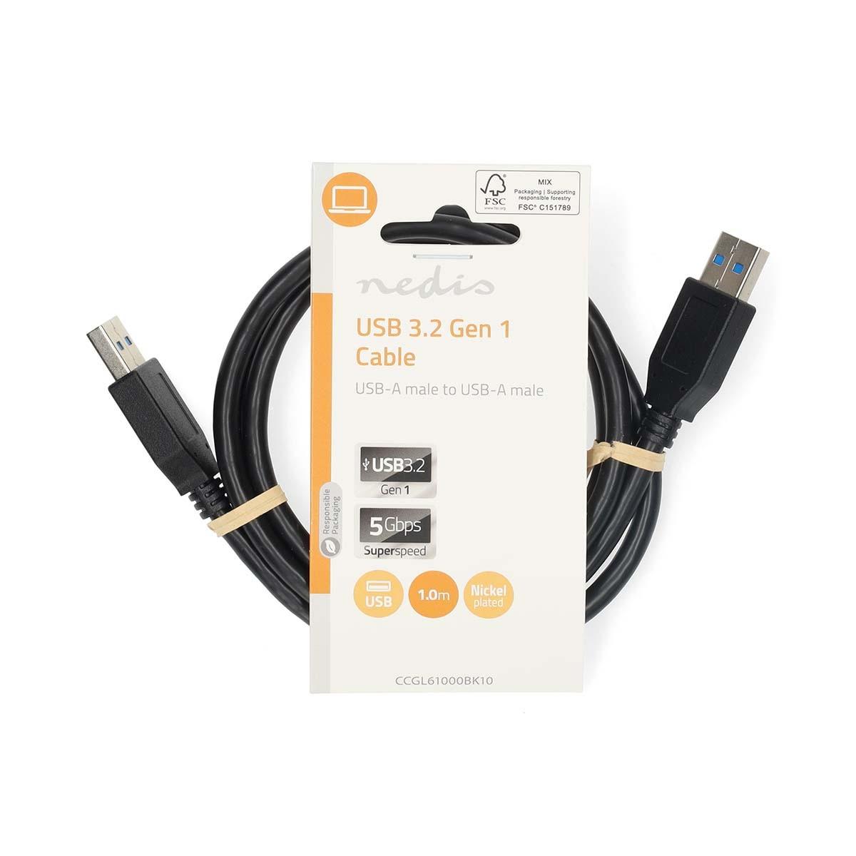 Nedis  Câble USB | USB 3.2 Gen 1 | USB-A mâle | USB-A mâle | 5 Gbit/s | Nickelé | 1,00 m | Rond | PVC | Noir | Étiquette 