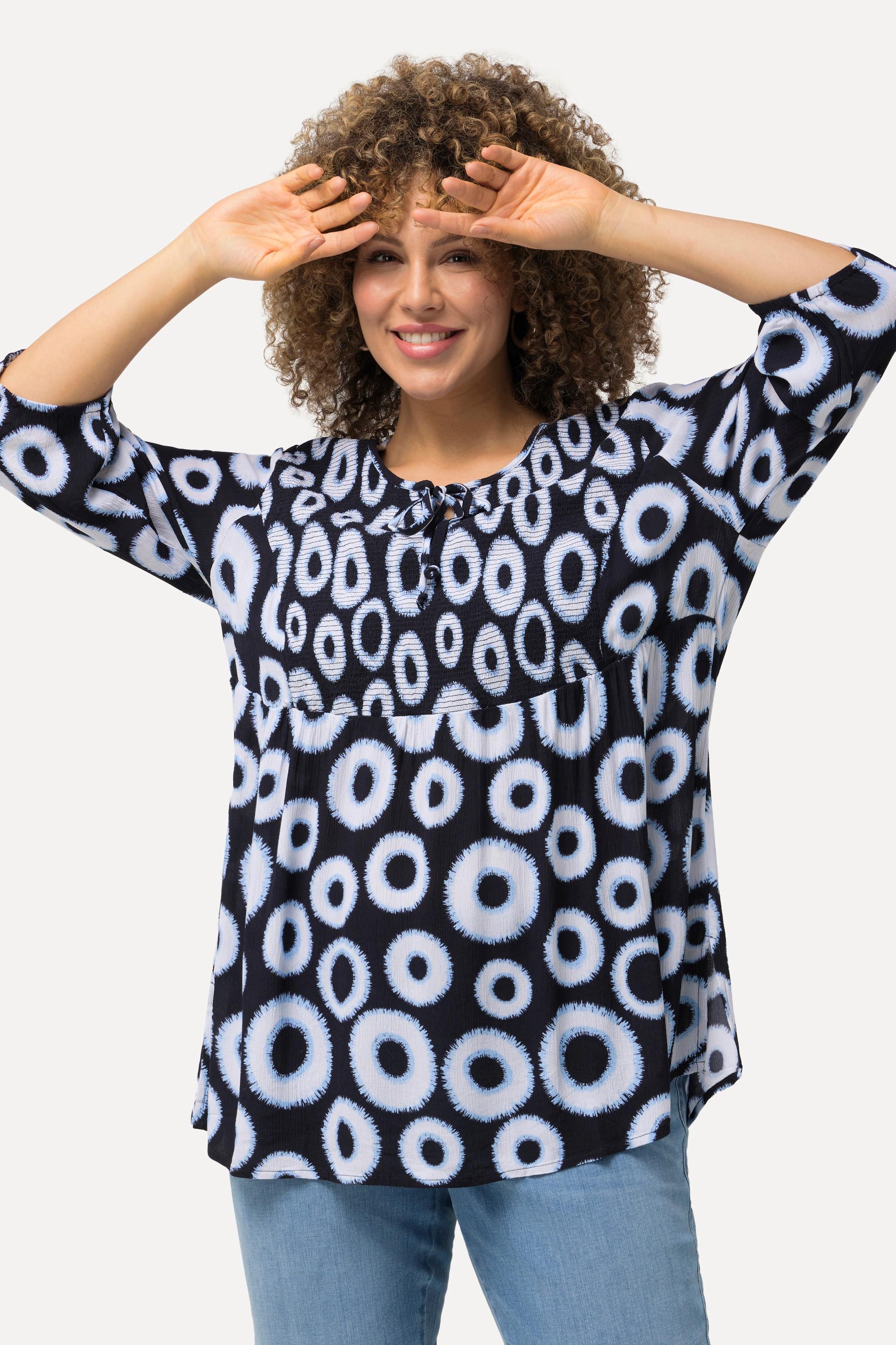 Ulla Popken  Blusa dal taglio svasato con punto smock, cerchi, scollo a girocollo e maniche a 3/4 