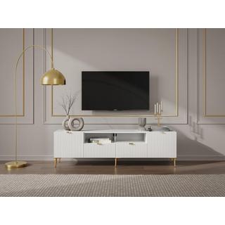 Vente-unique Meuble TV avec 2 portes, 2 tiroirs et 2 niches en MDF et acier - Blanc et doré - YESINIA  