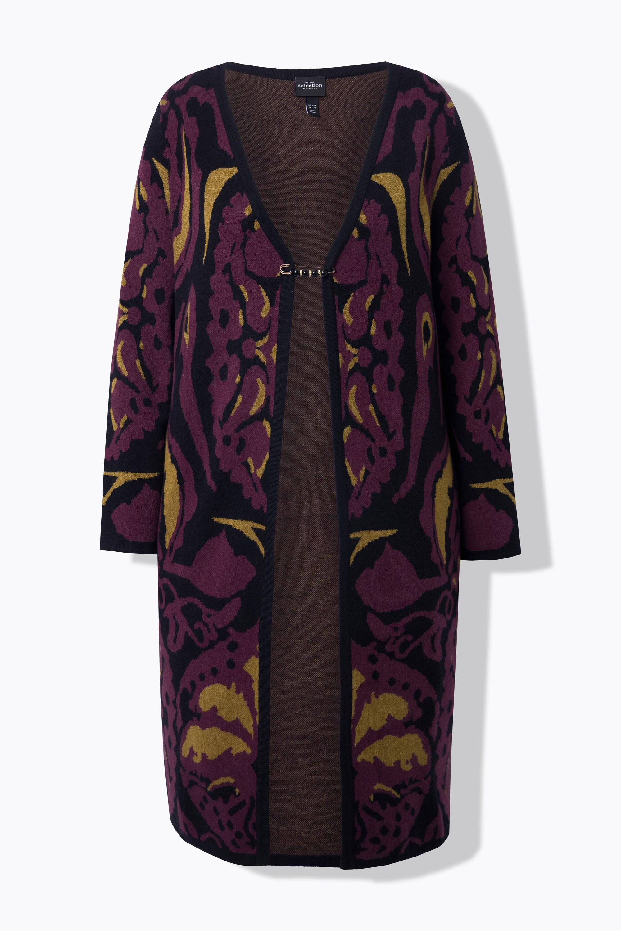 Ulla Popken Cardigan Lungo Jacquard con Spilla Decorativa  