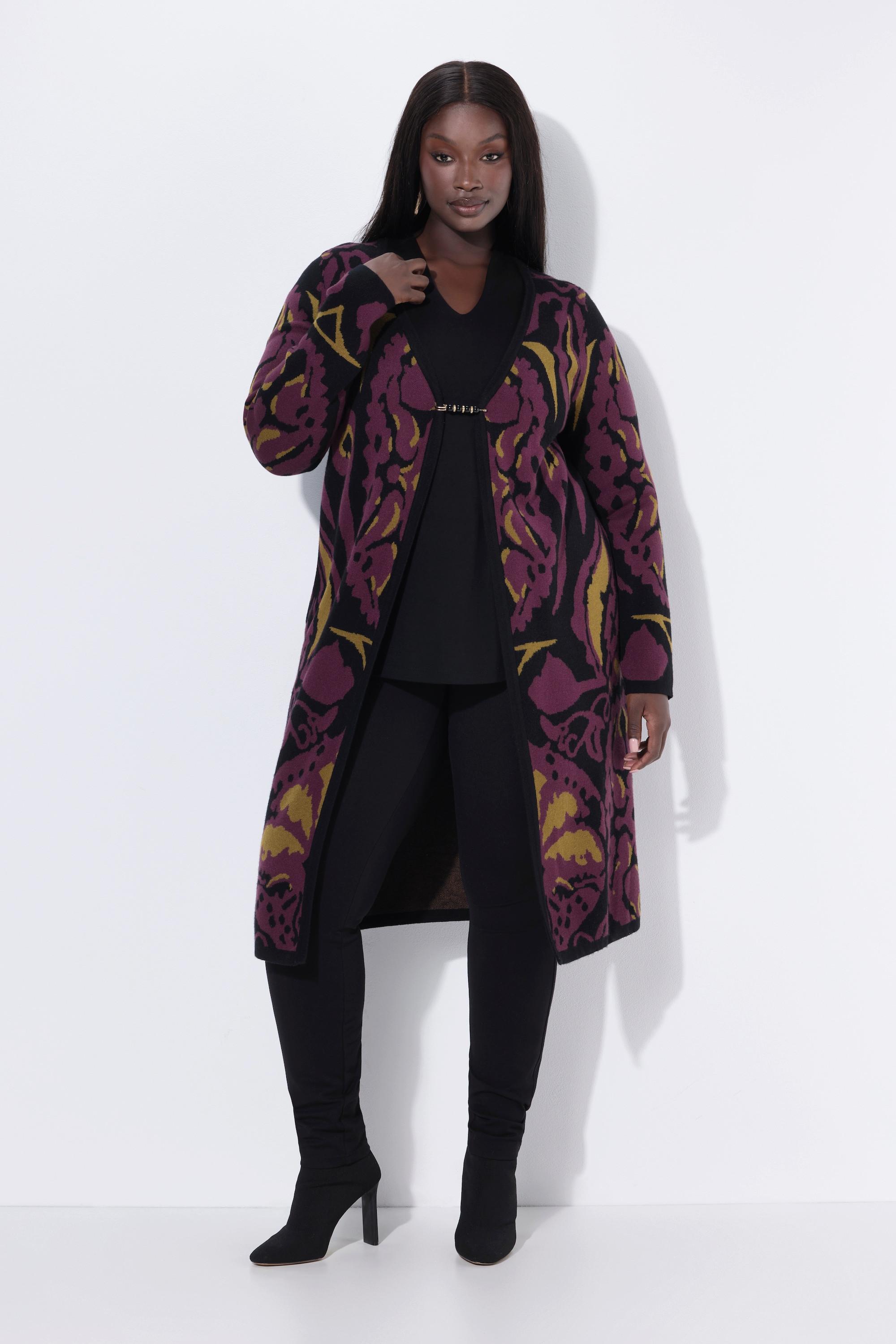 Ulla Popken Cardigan Lungo Jacquard con Spilla Decorativa  