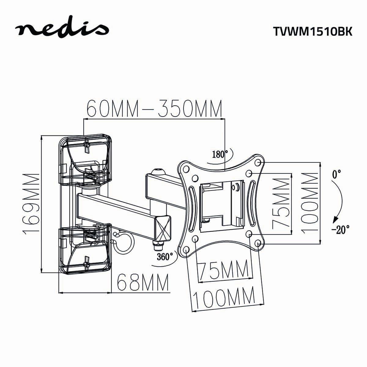 Nedis  Support mural pour téléviseur à mouvement complet | 13-27" | Poids maximum de l'écran supporté : 15 kg | Inclinable | Rotatif | Distance minimale du mur : 60 mm | Distance maximale du mur : 350 mm | 3 point(s) de pivotement | ABS / Acier | Noir 