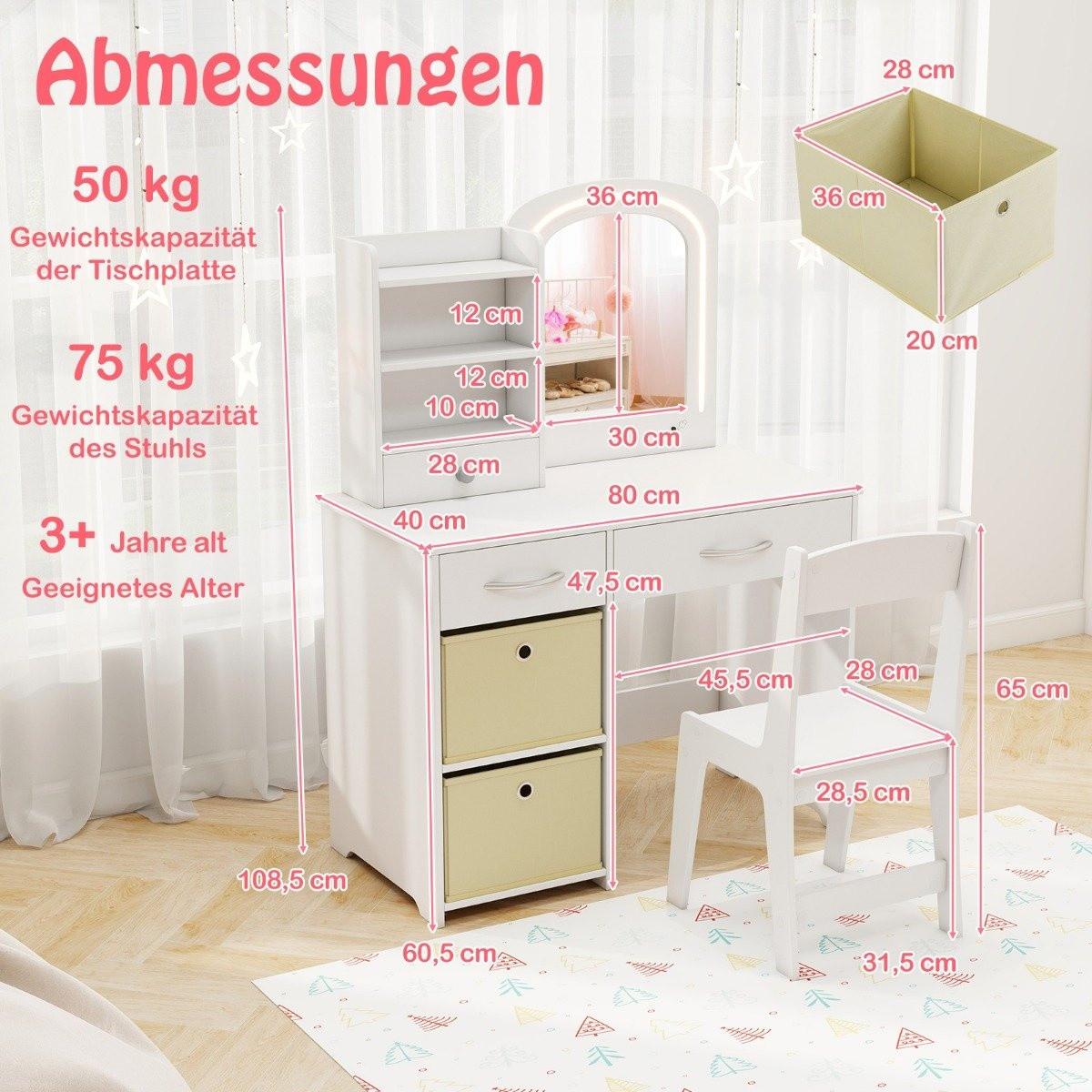 Northix  Coiffeuse enfant avec éclairage Coiffeuse enfant avec miroir Coiffeuse Blanche 