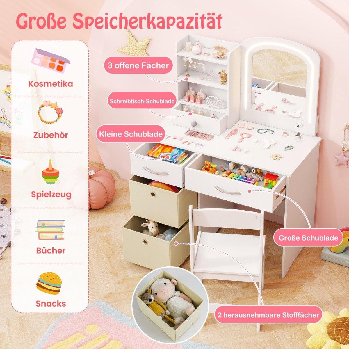 Northix  Coiffeuse enfant avec éclairage Coiffeuse enfant avec miroir Coiffeuse Blanche 