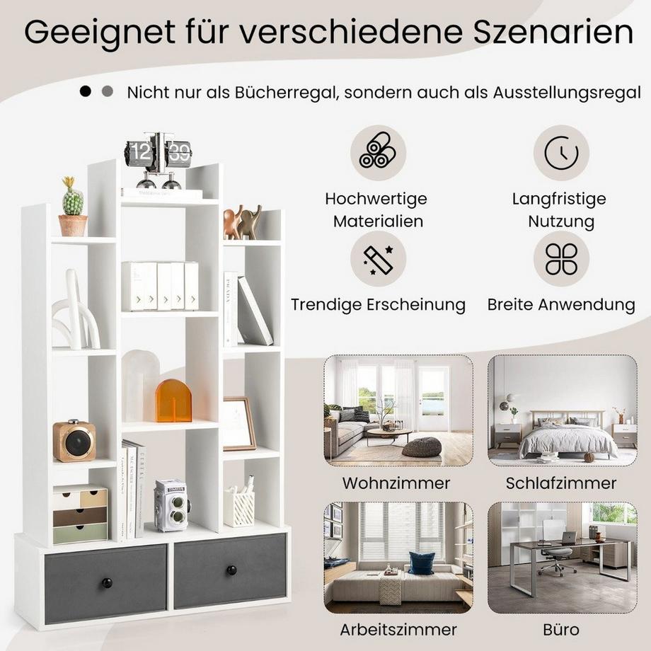 Northix 12-Stöckiges Bücherregal mit Offener Rückseite & Schublade 81 x 24 x 132 cm Weiß  