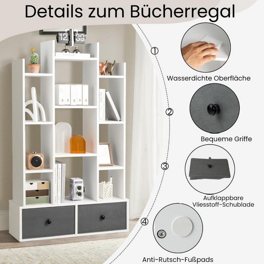 Northix 12-Stöckiges Bücherregal mit Offener Rückseite & Schublade 81 x 24 x 132 cm Weiß  