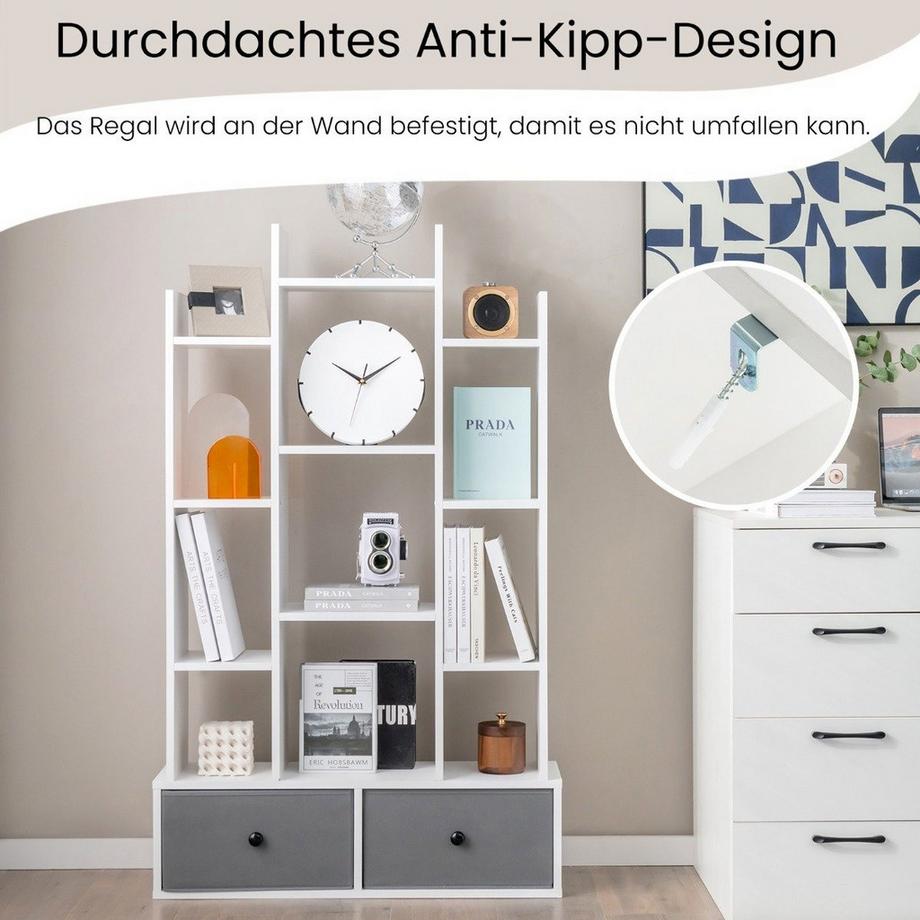 Northix 12-Stöckiges Bücherregal mit Offener Rückseite & Schublade 81 x 24 x 132 cm Weiß  