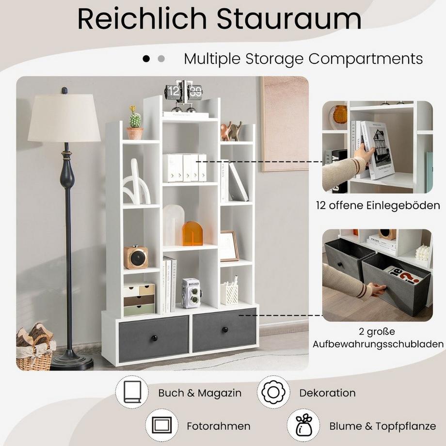 Northix 12-Stöckiges Bücherregal mit Offener Rückseite & Schublade 81 x 24 x 132 cm Weiß  