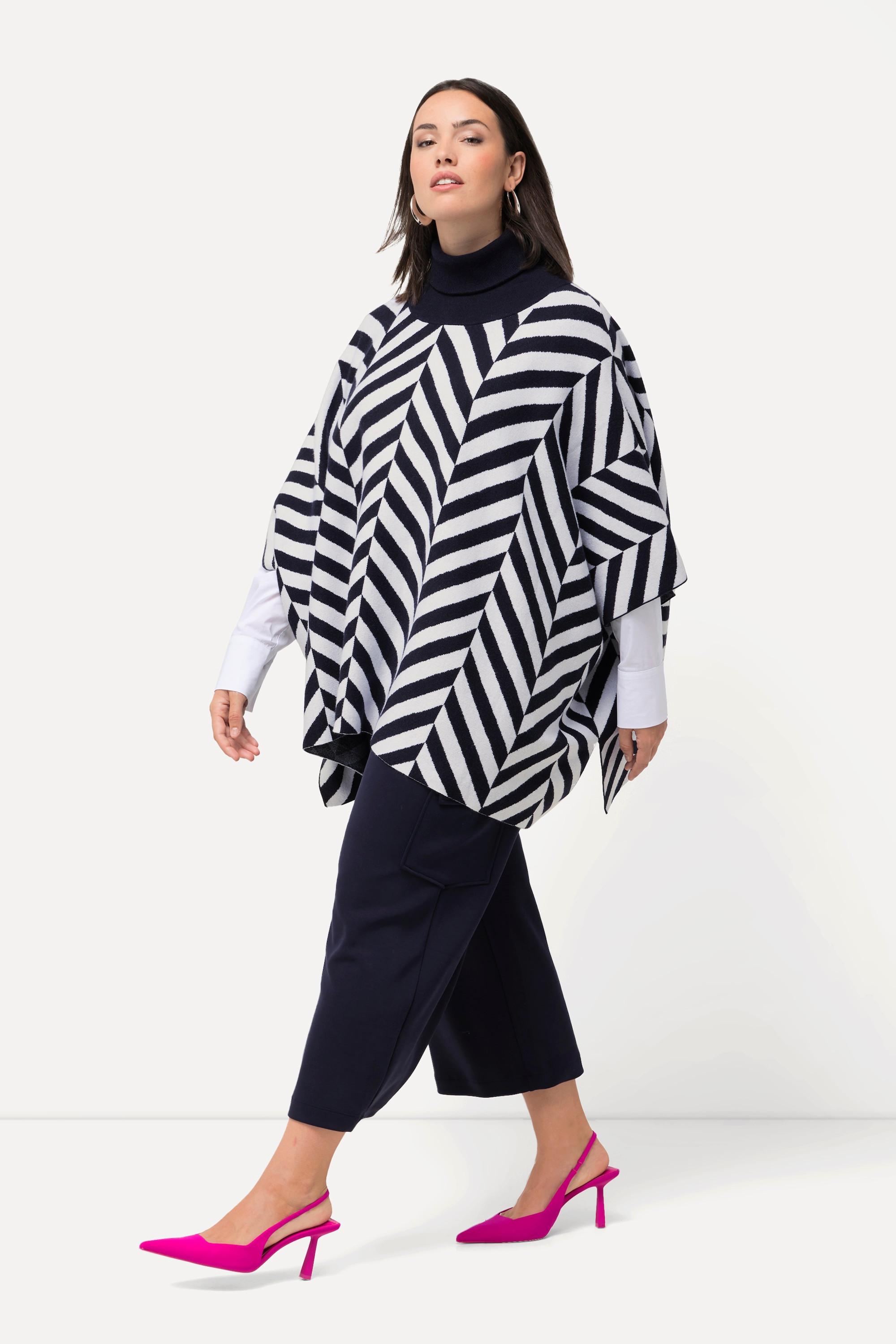 Ulla Popken Jacquard Strick Rollkragen Poncho Cape  