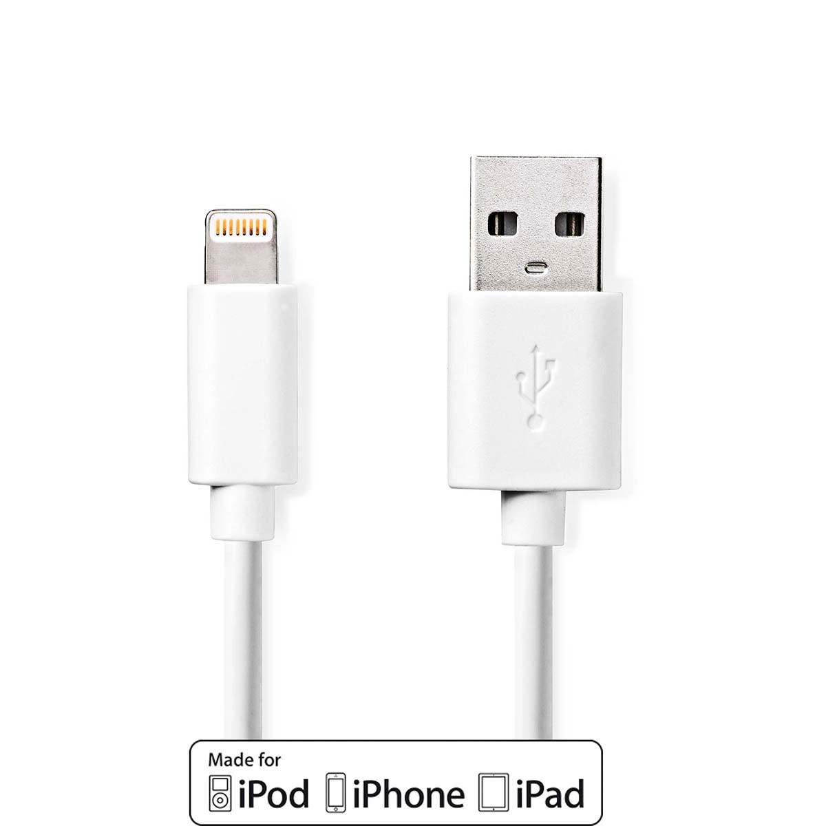 Nedis  Câble Lightning | USB 2.0 | Apple Lightning, 8 broches | USB-A mâle | 480 Mbps | Nickelé | 1.00 m | Rond | PVC | Blanc | Etiquette 