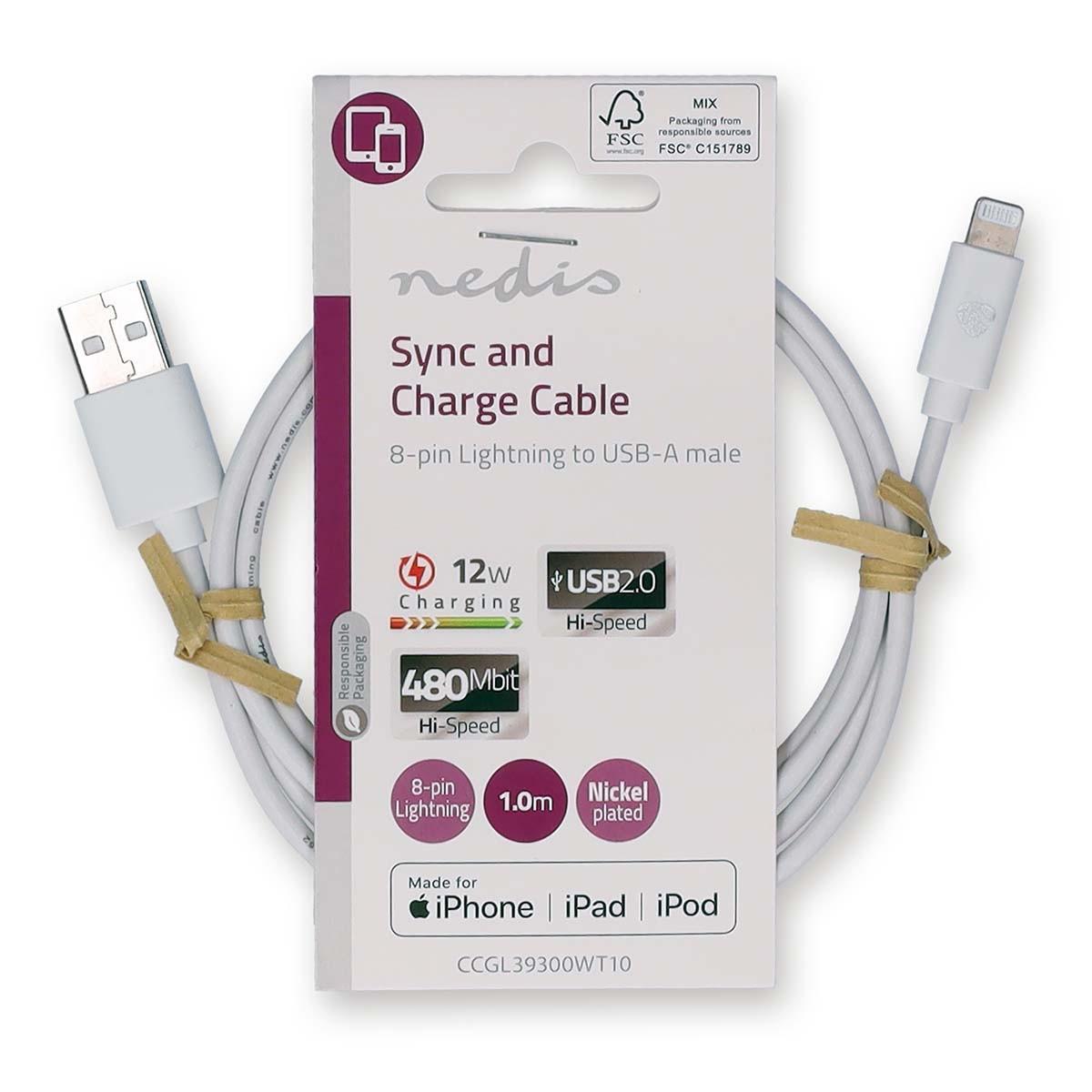 Nedis  Câble Lightning | USB 2.0 | Apple Lightning, 8 broches | USB-A mâle | 480 Mbps | Nickelé | 1.00 m | Rond | PVC | Blanc | Etiquette 