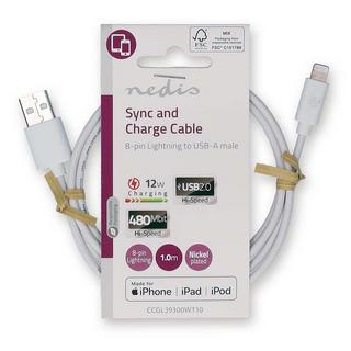 Nedis  Câble Lightning | USB 2.0 | Apple Lightning, 8 broches | USB-A mâle | 480 Mbps | Nickelé | 1.00 m | Rond | PVC | Blanc | Etiquette 