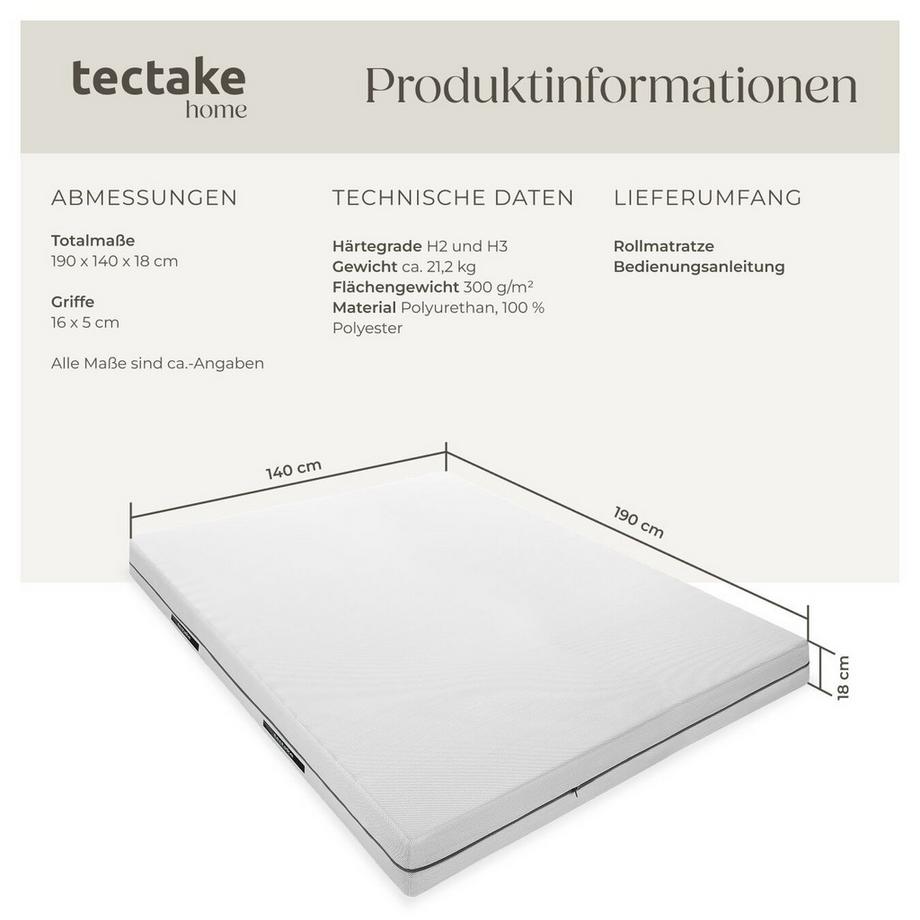 Tectake Matratze Sky verschiedene Größen Komfortschaum mit 2 Härtegraden (H2 & H3)  