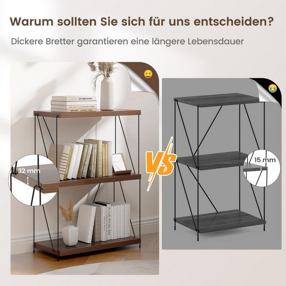 B2X 3 Ebenen Standregal mit Metallrahmen Industrielles Bücherregal Lagerregal 60 x 29,5 x 85,5 cm  