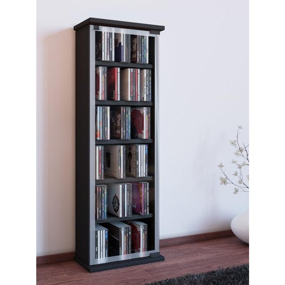 VCM CD Regal Holz | CD Schrank mit ESG-Sicherheitsglastüren für 204 CDs oder 72 DVDs | Maße: H. 92 x B. 31 x T. 18 cm | Elegantes DVD Regal mit Rollen |  