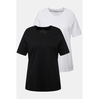 Ulla Popken  T-shirt di cotone biologico in confezione doppia con scollo a V e mezze maniche 