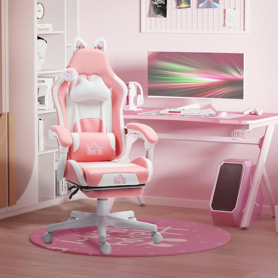 Northio Gaming Stuhl Ergonomischer Gamer Stuhl mit Lendenwirbelstütze, Fußstütze, Gaming Sessel mit Katzenohren, Kopfkissen, Höhenverstellbar Bürostuhl mit Verstellbar Liegefunktion Rosa  