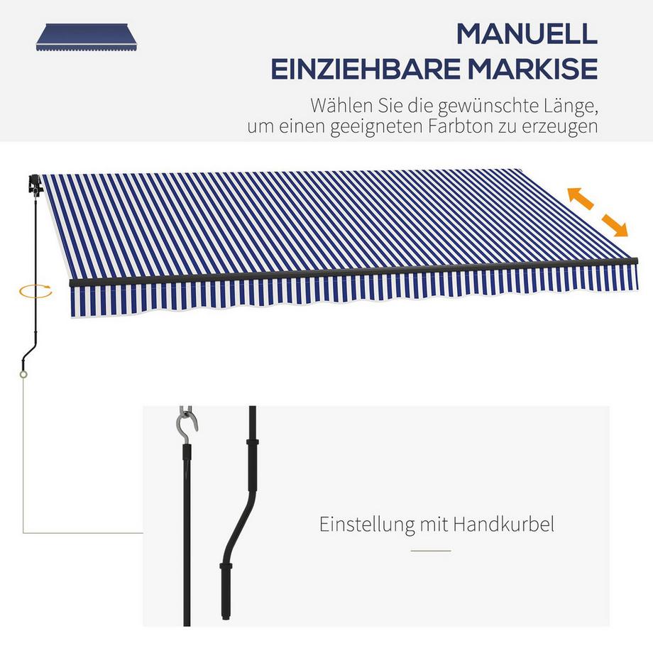Northio Markise 4X3M Wandmontage Balkonmarkise Mit Handkurbel, Sonnenschutz, Alu, Blau+Weiß  