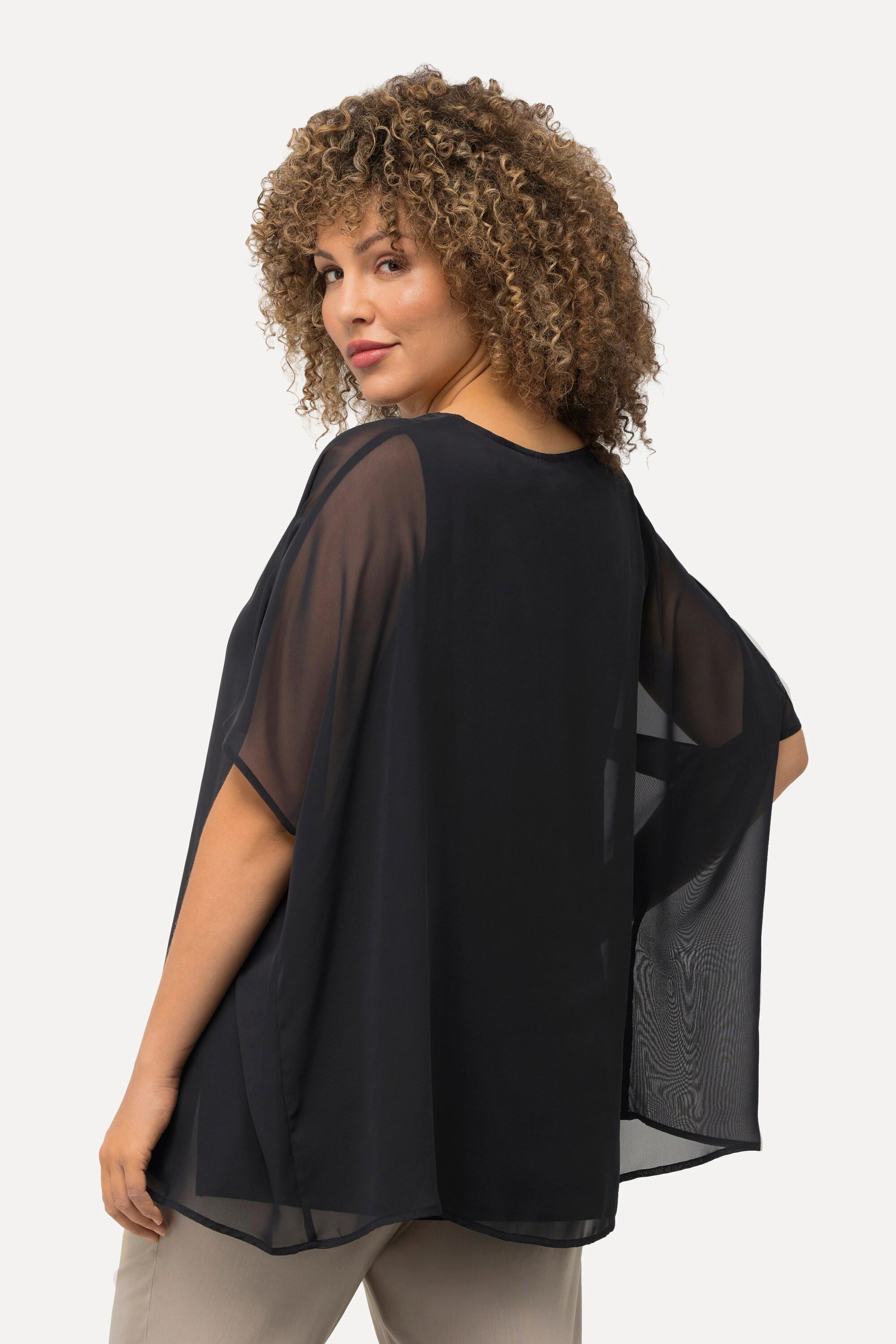 Ulla Popken  Blusa di chiffon dal taglio oversize con scollo rotondo e mezze maniche 