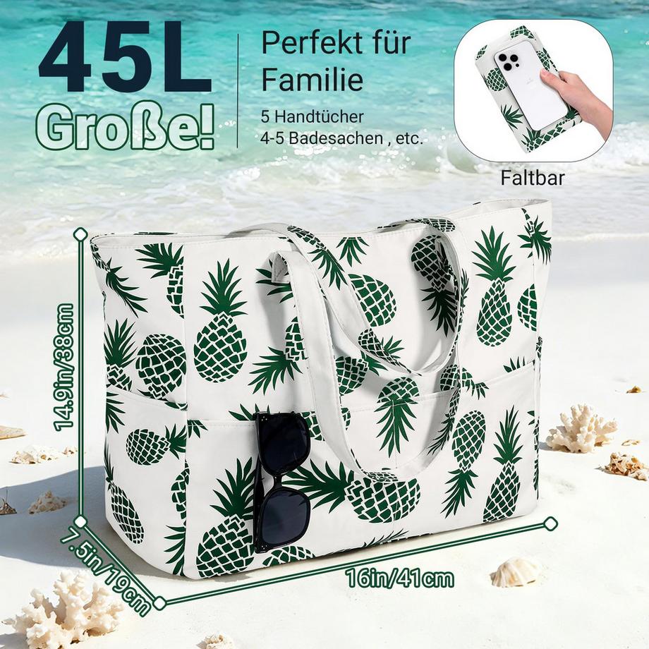 Only-bags.store Ananasdruck Reißverschluss Strandtasche Gross Faltbar  