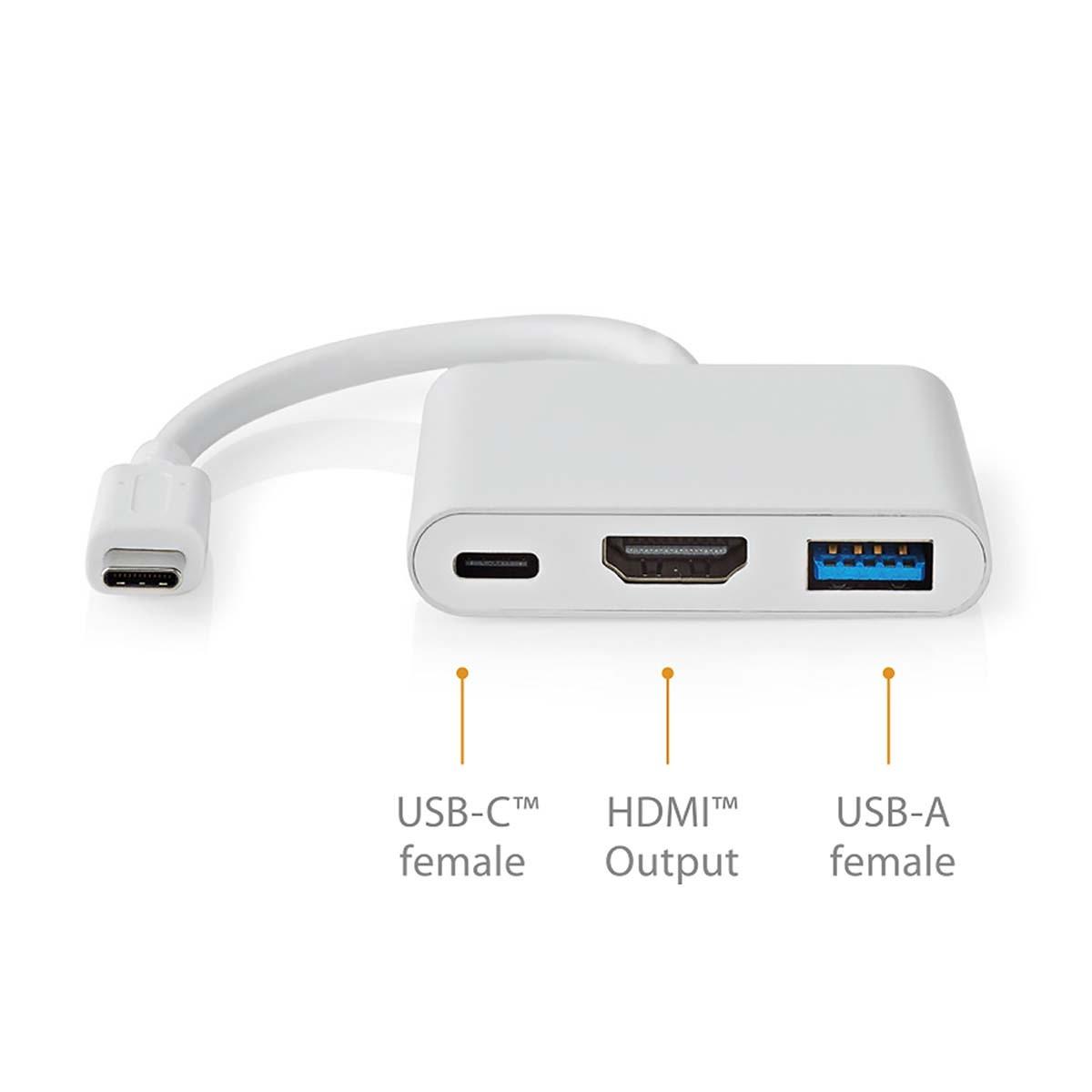 Nedis  Adaptateur multiport USB | USB 3.2 Gen 1 | USB-C™ Male | HDMI™ Output / USB-A Female / USB-C™ Female | 5 Gbps | 0.10 m | Rond | Nickel Plated | PVC | White | Box 