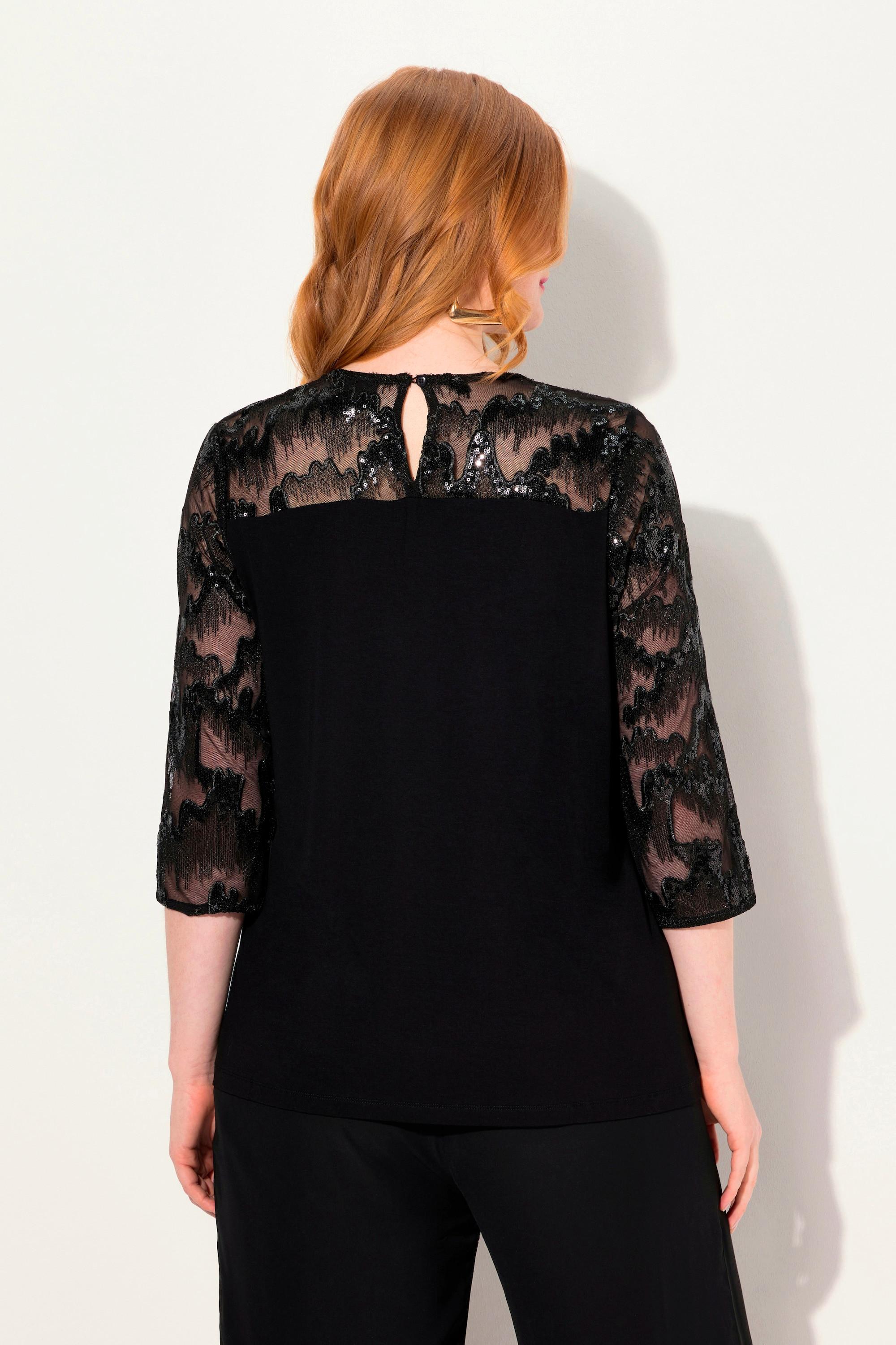 Ulla Popken  Blouse à col rond et manches 3/4, broderie et paillettes 