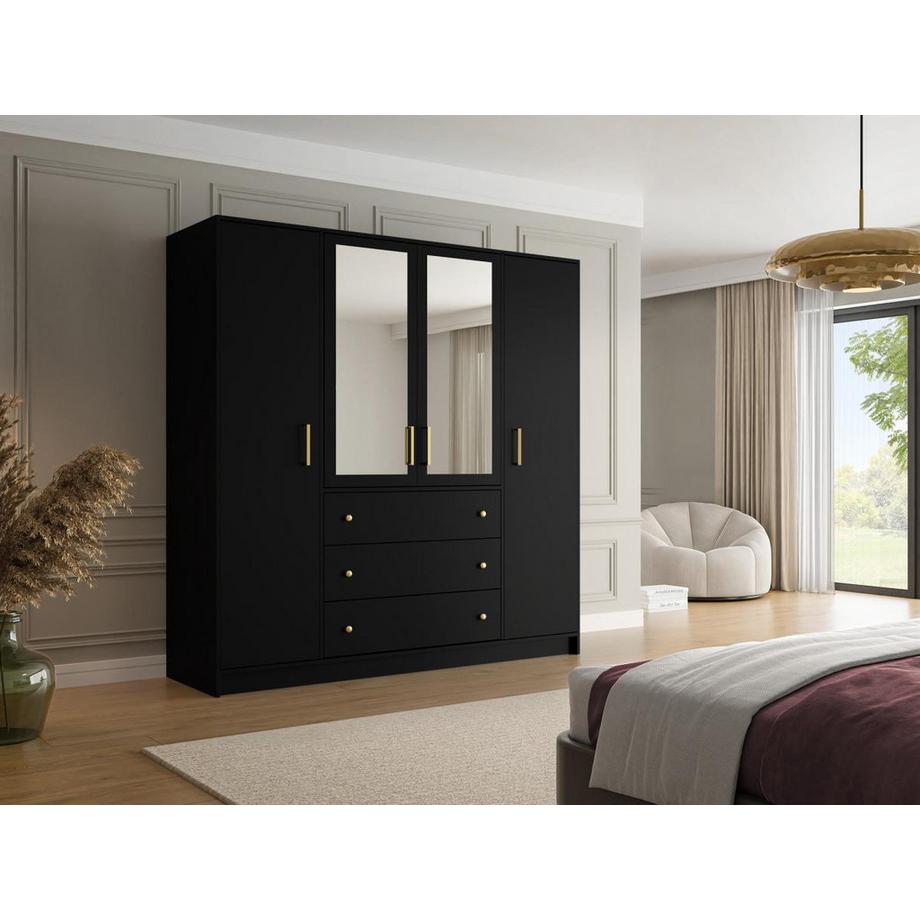 Vente-unique Kleiderschrank mit 4 Türen & 3 Schubladen - Mit Spiegeln - 196 cm - Schwarz - LIZANDRO  