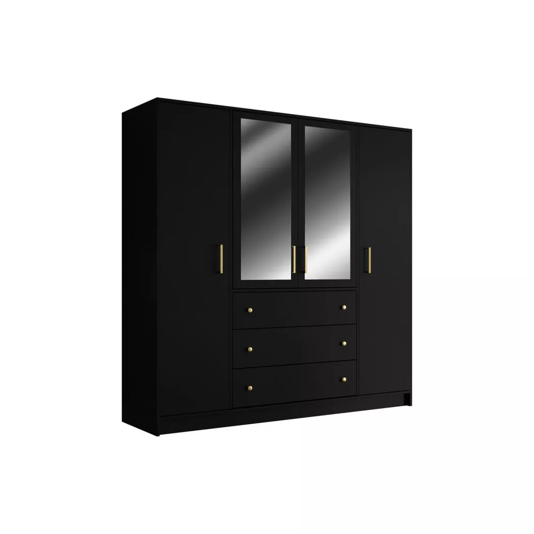 Vente-unique - Armoire 4 portes et 3 tiroirs - Avec miroirs - L196 cm - Noir - lizandro
