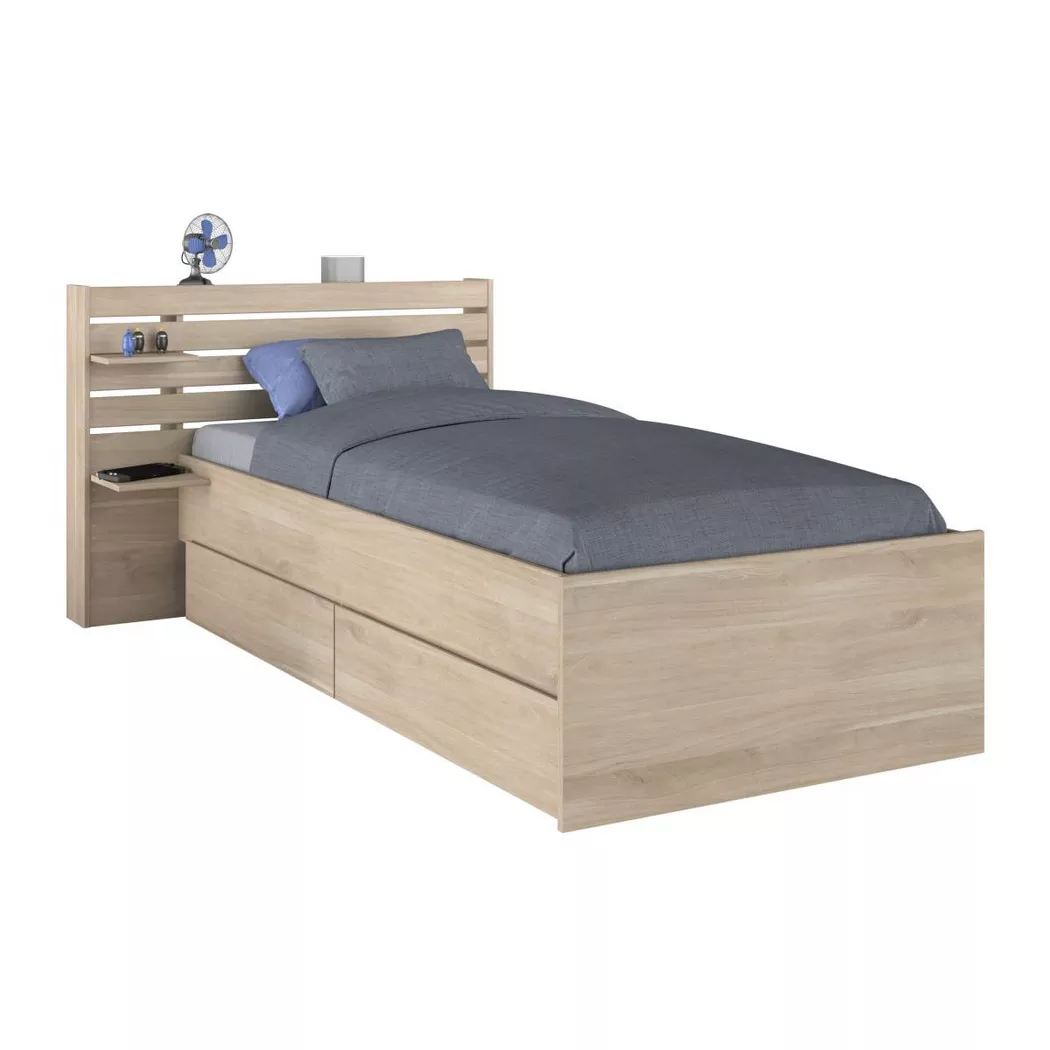 Lit enfant ESCALE 90x190/200 cm - Décor chêne - Tête de lit + 2 tiroirs - L121,5 x H88,6 x P216,8 cm