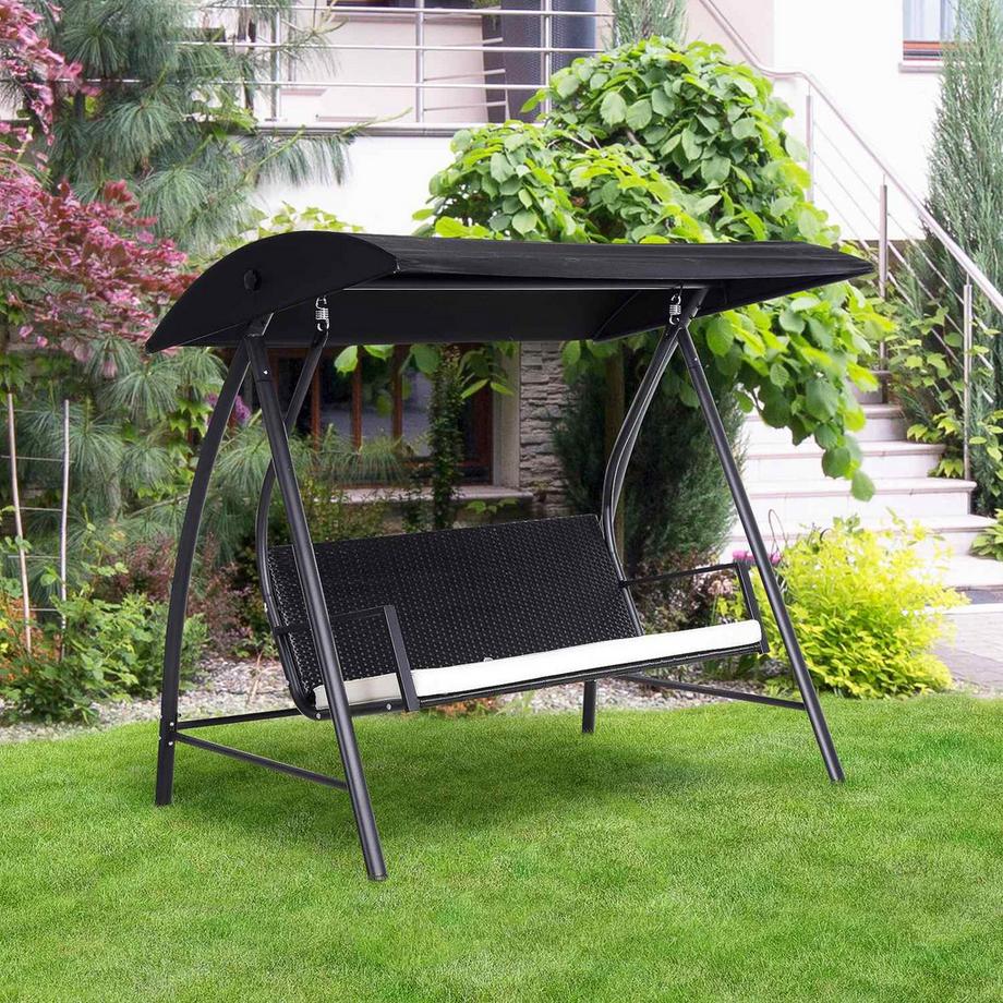 Northio Hollywoodschaukel 3-Sitzer Gartenschaukel Mit Dach Aus Polyrattan+Metall, Schwarz, 198 X 124 X 179 Cm  