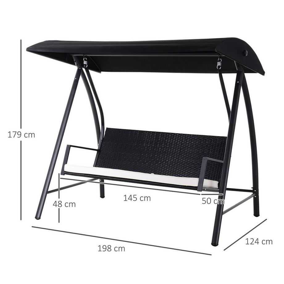 Northio Hollywoodschaukel 3-Sitzer Gartenschaukel Mit Dach Aus Polyrattan+Metall, Schwarz, 198 X 124 X 179 Cm  