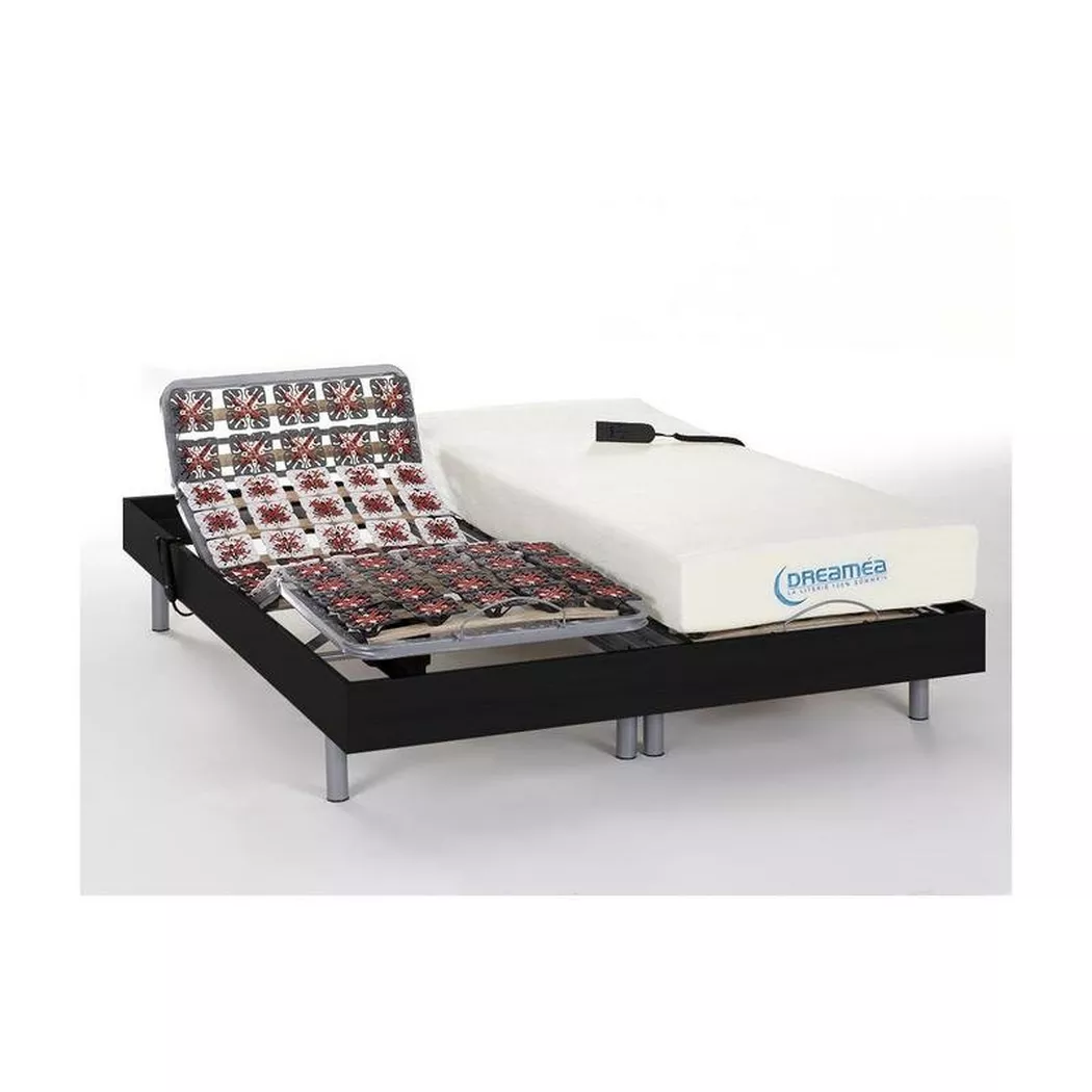 DREAMEA - Lit électrique relaxation tout plots matelas mémoire de forme HESIODE III de  moteurs OKIN, 80X200CM, Noir