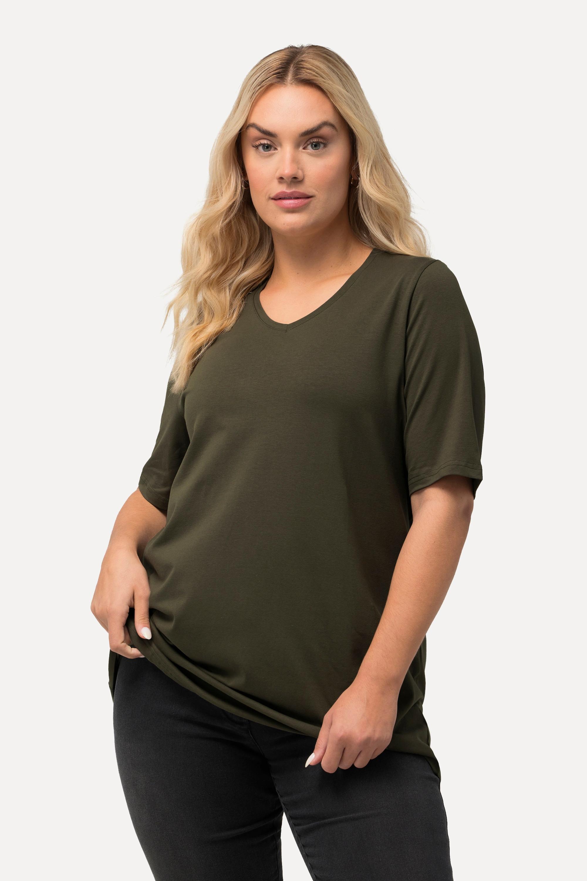 Ulla Popken  T-shirt dal taglio svasato con scollo a V e mezze maniche 